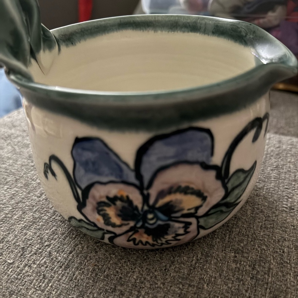 Studio Pottery Bowl pansy  Floral Pitcher Ceramic Vase signed G7
